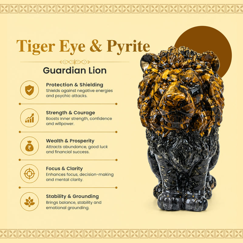 Tiger Eye & Pyrite Guardian Lion Crystal Statue | Decorative Home & Office Décor