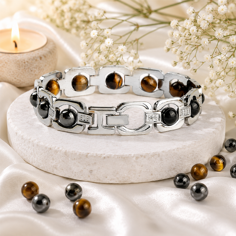 Triple Protection Bracelet – Tiger Eye, Hematite & Black Obsidian | Silver