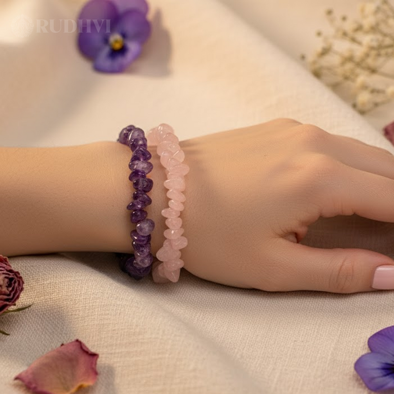 Rose Quartz + Amethyst Chips Bracelet Duo | Love & Calmness Healing