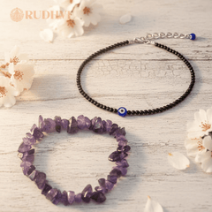 
Amethyst and Black Tourmaline duo set with flower