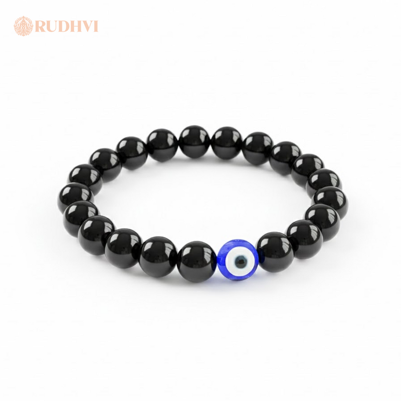 
Black Tourmaline Evil Eye Bracelet on White Background – RUDHVI
