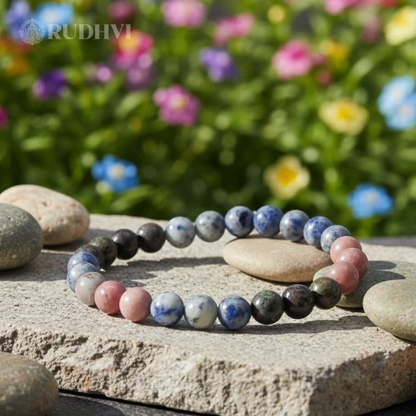Rudhvi Calm & Focus Bracelet for Men with Sodalite, Bloodstone and Rhodochrosite