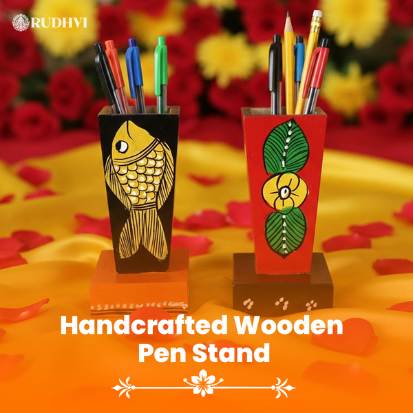 Handcrafted Folk Art Wooden Pen Stand