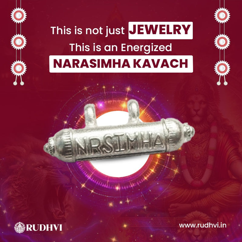Silver Narasimha Kavach with text on a red background, featuring Rudhvi brand.