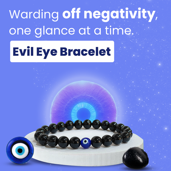 Evil eye bracelet with promotional text on a blue background