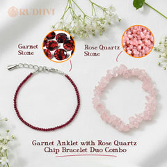 Rose Quartz Chips Bracelet x Garnet Anklet Duo