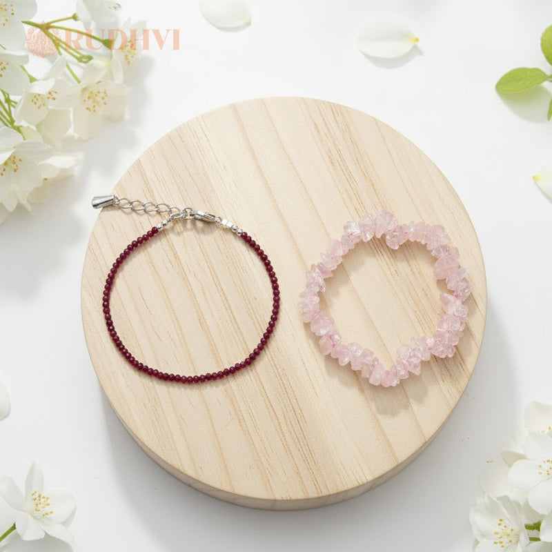 Rose Quartz Chips Bracelet x Garnet Anklet Duo