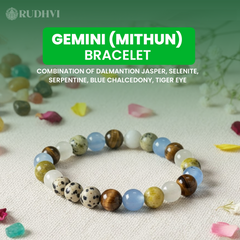 Gemini (Mithun Rashi) Zodiac Bracelet – Dalmatian Jasper, Selenite, Serpentine, Blue Chalcedony & Tiger Eye | Rudhvi™