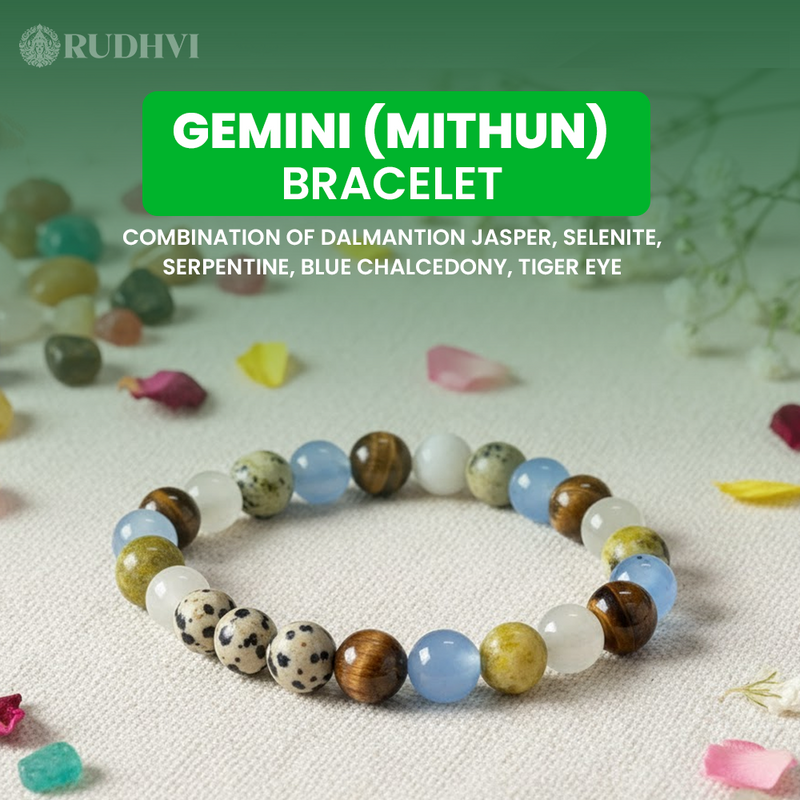 Gemini (Mithun Rashi) Zodiac Bracelet – Dalmatian Jasper, Selenite, Serpentine, Blue Chalcedony & Tiger Eye | Rudhvi™
