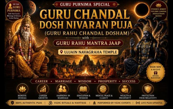Guru Chandal Dosh Nivaran Puja with Guru Rahu Mantra Jaap performed at Ujjain Navagraha Temple by experienced Vedic priests.