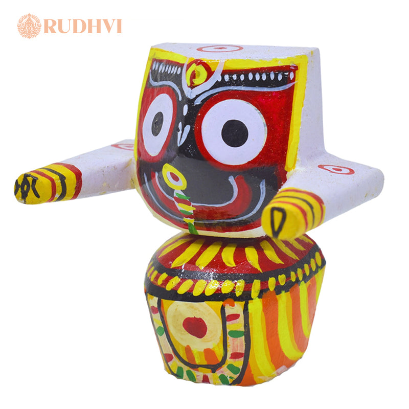 Close up of hand painted Lord Jagannath idol in neem wood