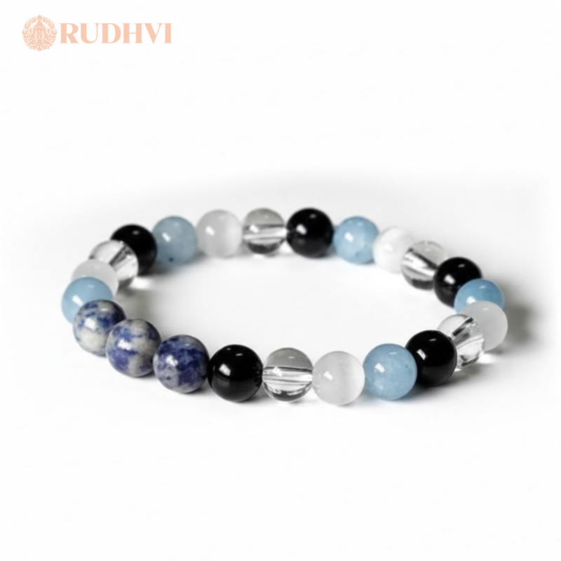 Aquarius (Kumbha) Zodiac Bracelet – Sodalite, Chalcedony, Selenite, Quartz & Black Tourmaline | Rudhvi™