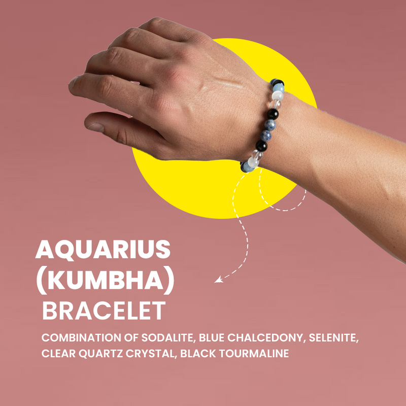 Aquarius (Kumbha) Zodiac Bracelet – Sodalite, Chalcedony, Selenite, Quartz & Black Tourmaline | Rudhvi™