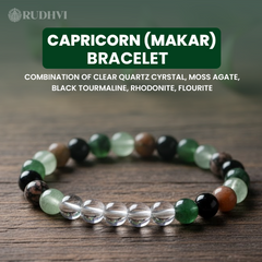 Capricorn (Makar) Zodiac Bracelet – Clear Quartz, Moss Agate, Black Tourmaline, Rhodonite & Fluorite | Rudhvi