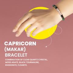 Capricorn (Makar) Zodiac Bracelet – Clear Quartz, Moss Agate, Black Tourmaline, Rhodonite & Fluorite | Rudhvi