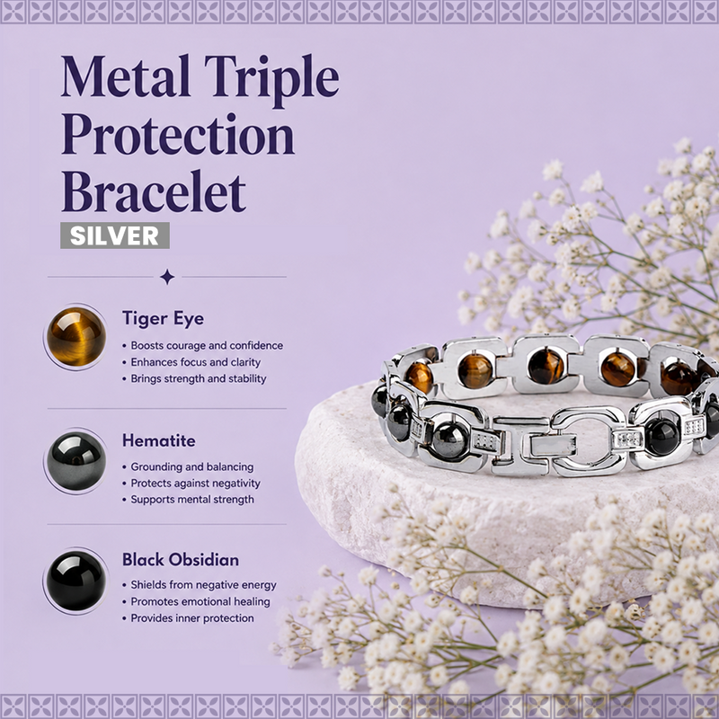 Triple Protection Bracelet – Tiger Eye, Hematite & Black Obsidian | Silver