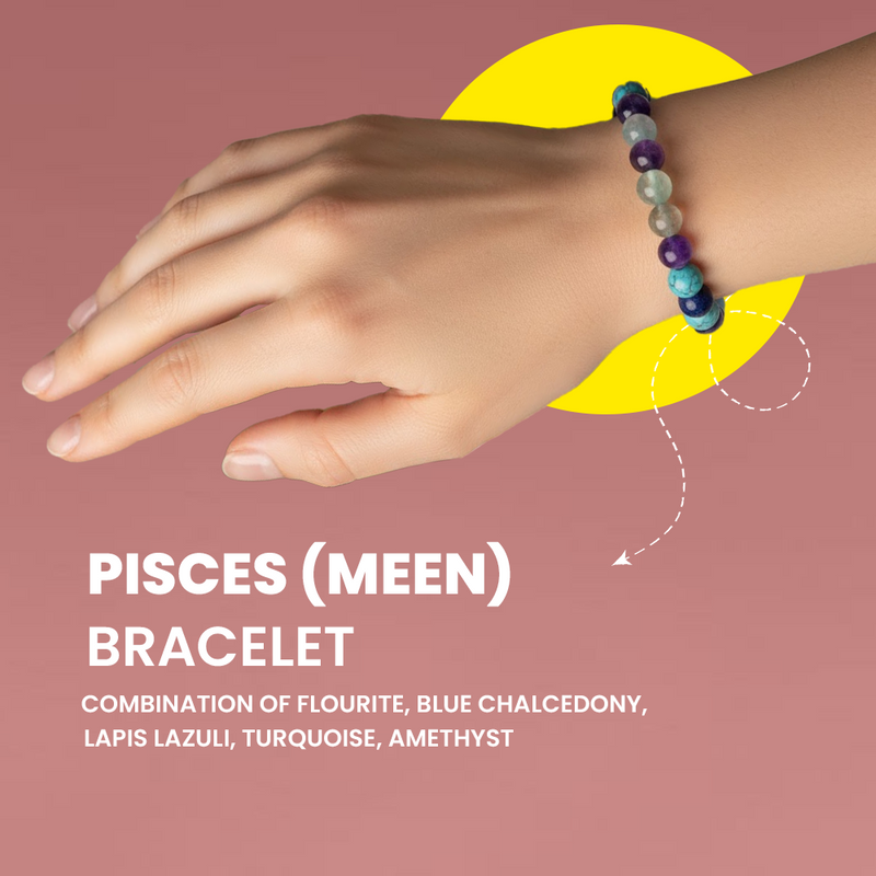 Pisces (Meen) Zodiac Bracelet – Fluorite, Blue Chalcedony, Lapis Lazuli, Turquoise & Amethyst | Rudhvi™