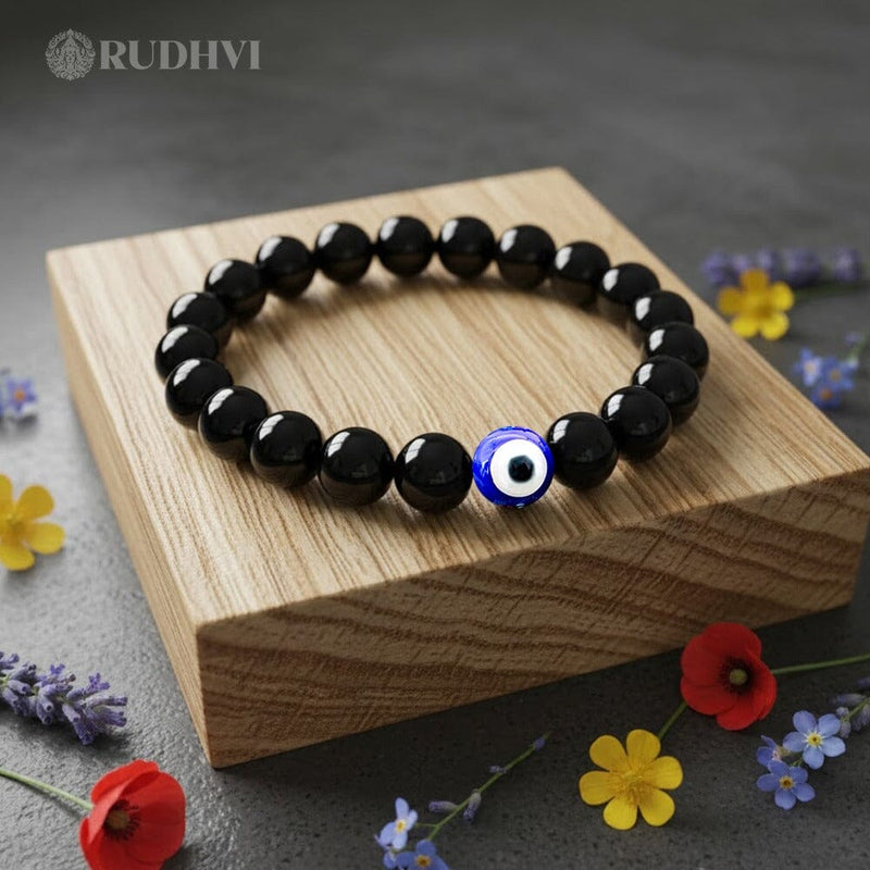 Natural Black Tourmaline Evil Eye Bracelet for Protection and Positivity-Rudhvi