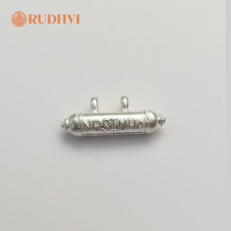 Close up of Nrsimha Kavach Mayapur Siddh energized silver pendant-Rudhvi