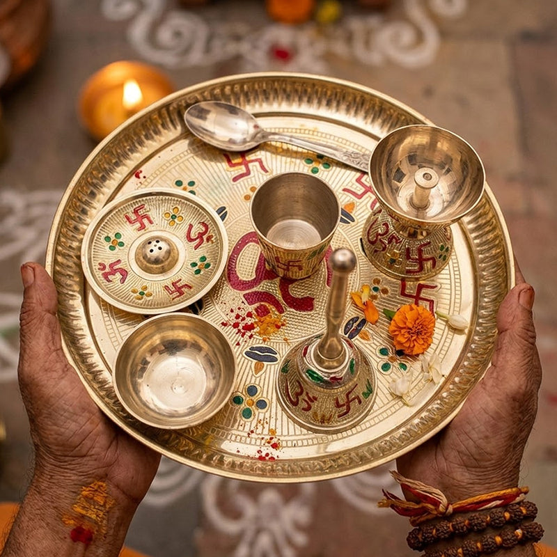 Brass Puja Thali Set (7-Piece Traditional Puja Essentials) | Rudhvi