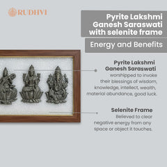 Positive energy selenite frame with pyrite Lakshmi Ganesh Saraswati idol

