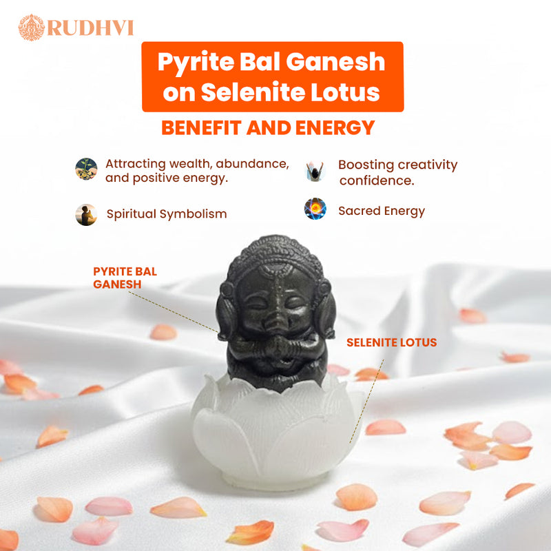 Pyrite Bal Ganesh on Selenite Lotus – Wealth, Creativity & Positive Energy | Rudhvi