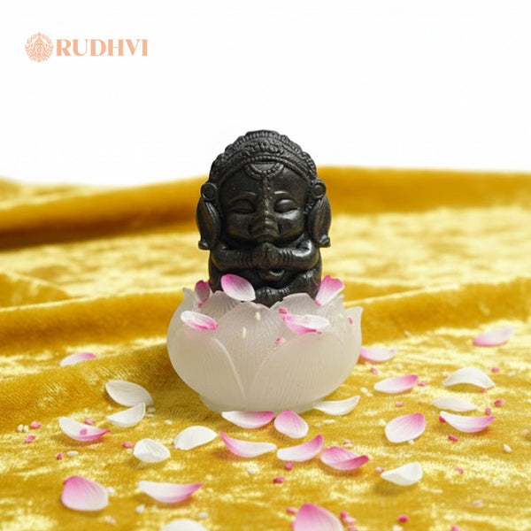 Pyrite Bal Ganesh on Selenite Lotus – Wealth, Creativity & Positive Energy | Rudhvi