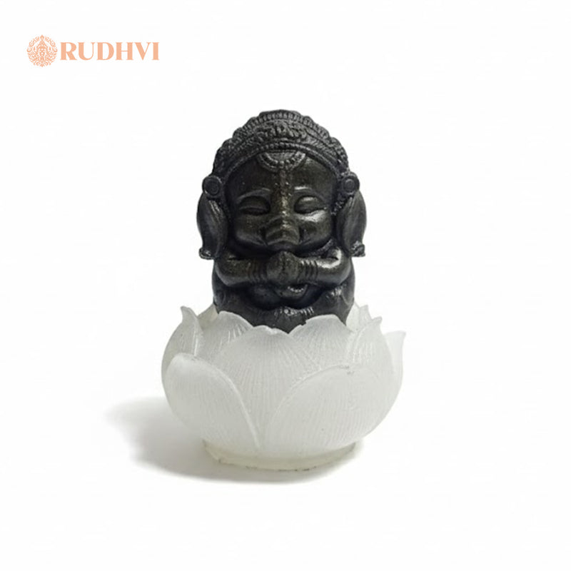 Pyrite Bal Ganesh on Selenite Lotus – Wealth, Creativity & Positive Energy | Rudhvi