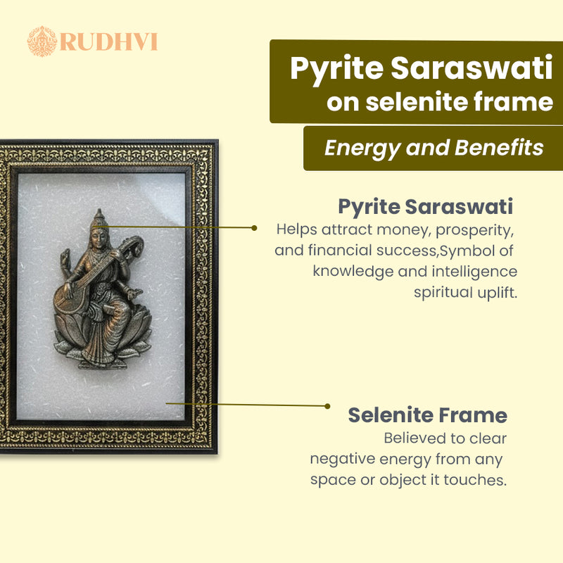 Pyrite Saraswati on Selenite Frame | Rudhvi
