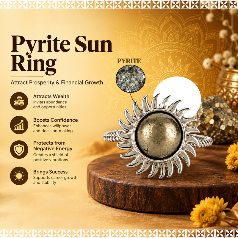 Pyrite Sun Ring for Wealth, Prosperity & Financial Growth | Natural Pyrite Crystal Ring