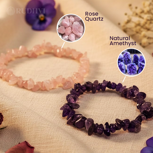 Rose Quartz + Amethyst Chips Bracelet Duo | Love & Calmness Healing