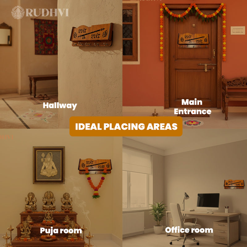 Radhe Krishna Wooden Key Holder – Premium Wall Hanging l Rudhvi