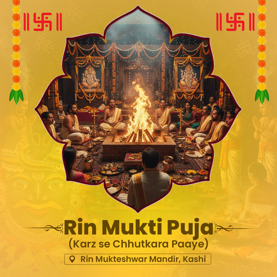 Ritualistic scene with people around a fire, text 'Rin Mukti Puja' on a yellow background