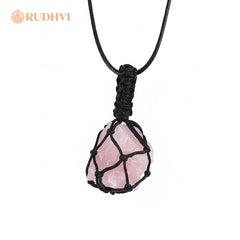 Raw rose quartz crystal pendant with handcrafted macramé wrapping-Rudhvi