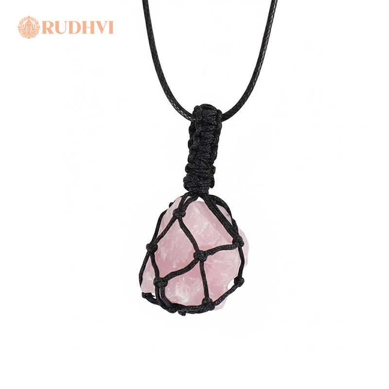 Raw rose quartz crystal pendant with handcrafted macramé wrapping-Rudhvi