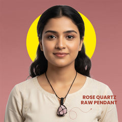 Woman wearing  rose quartz raw pendant for emotional balance and love energy-Rudhvi