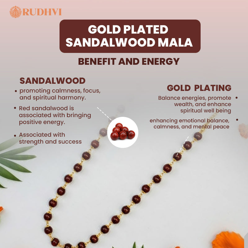 Gold Plated Sandalwood Mala – Calmness, Focus & Spiritual Harmony | Rudhvi