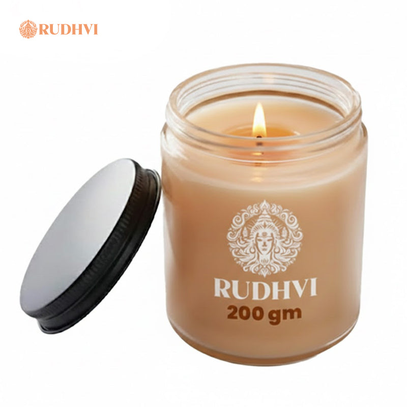 Mandir Inspired Sandalwood & Camphor Scented Candle for Puja & Meditation | RUDHVI