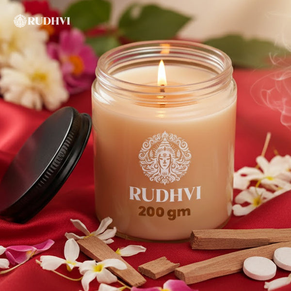 Mandir Inspired Sandalwood & Camphor Scented Candle for Puja & Meditation | RUDHVI