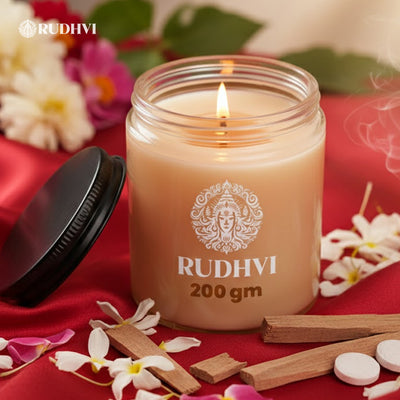Mandir Inspired Sandalwood & Camphor Scented Candle for Puja & Meditation | RUDHVI