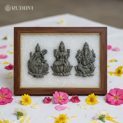 Selenite frame with pyrite Lakshmi Ganesh Saraswati idol