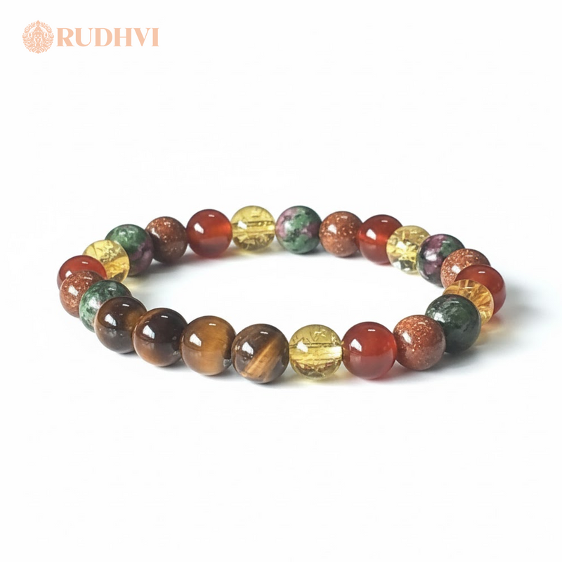 Singh Rashi (Leo) Zodiac Bracelet on white background – Tiger Eye, Citrine, Carnelian, Goldstone & Ruby Zoisite